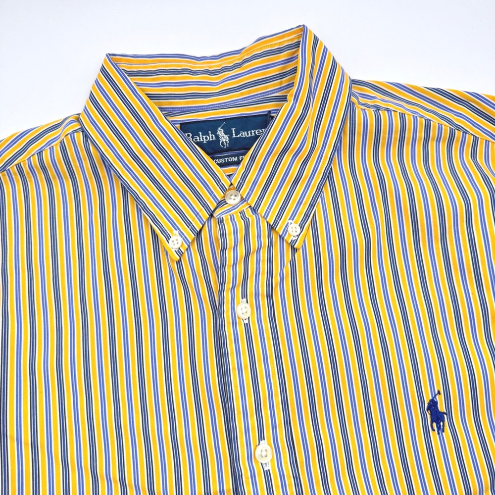 Ralph Lauren Men's Large Custom Fit Striped Button Down Shirt‎ Yellow Blue